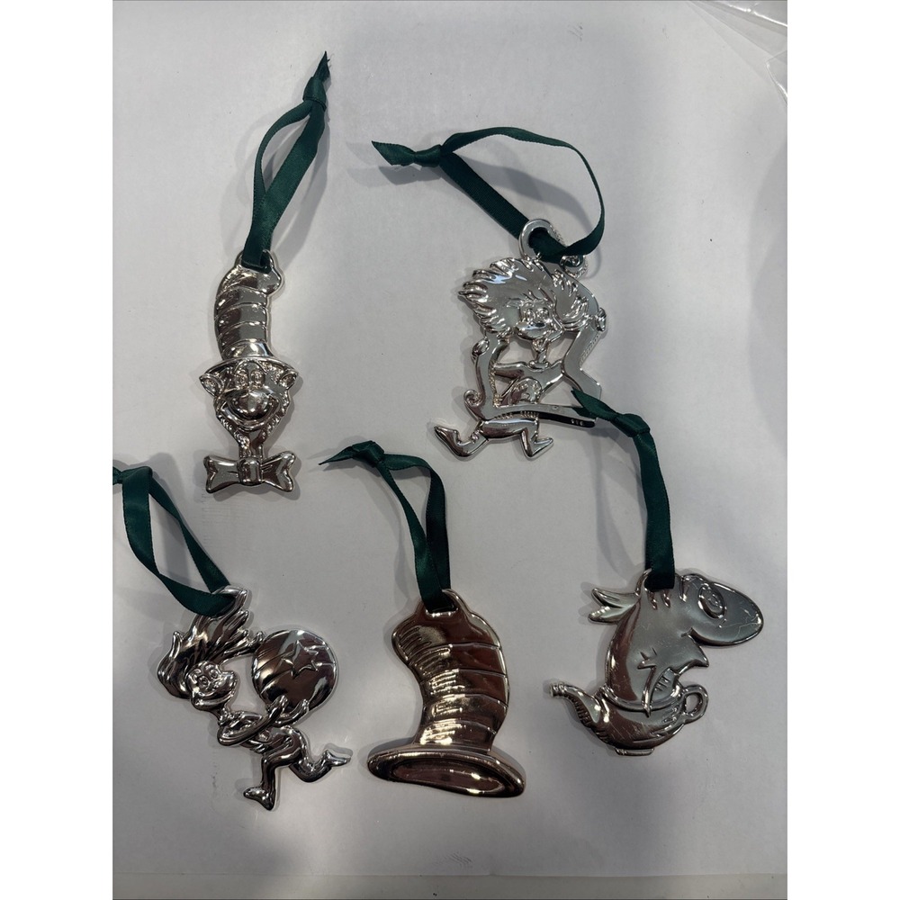 Dr. Seuss Cat in the Hat Christmas Ornaments Set of 5 Silver Metal Hanging